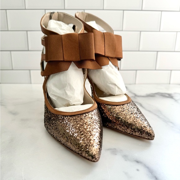 NWOT Boden Glitzy Bronze Satin Party Heels - Picture 2 of 9